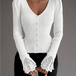 White Ribbed Button-Up Sweater with Lace Cuffs